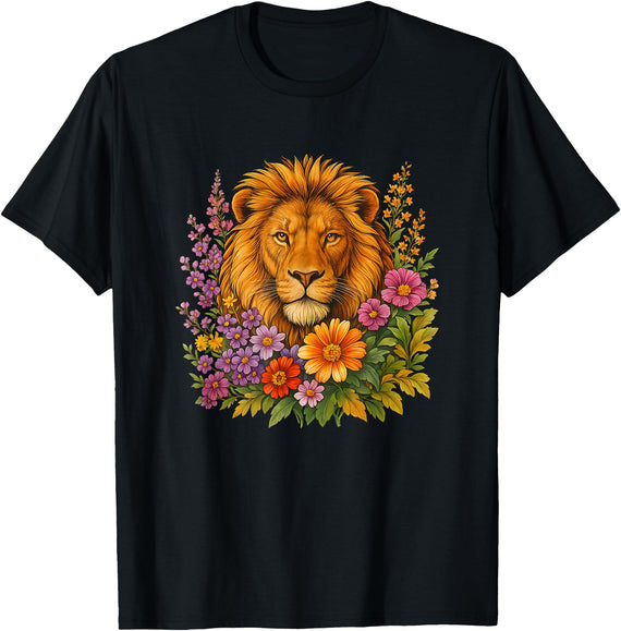 Cute and Funny Lions Graphic Designs. Lion Flower Floral Cute Men Women Kids T-Shirt - Black