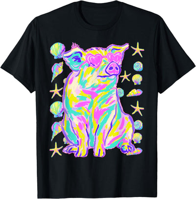 Cute Pig with Hearts Sunglasses Seashells Coastal Summer T-Shirt