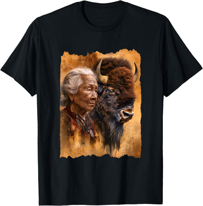 Cow Buffalo Native American Woman with Buffalo or Bison T-Shirt