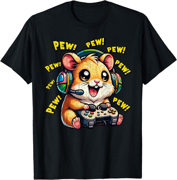 Hamster Gamer Pew Funny Video Games Vintage Boys Men Girls T-Shirt - Black