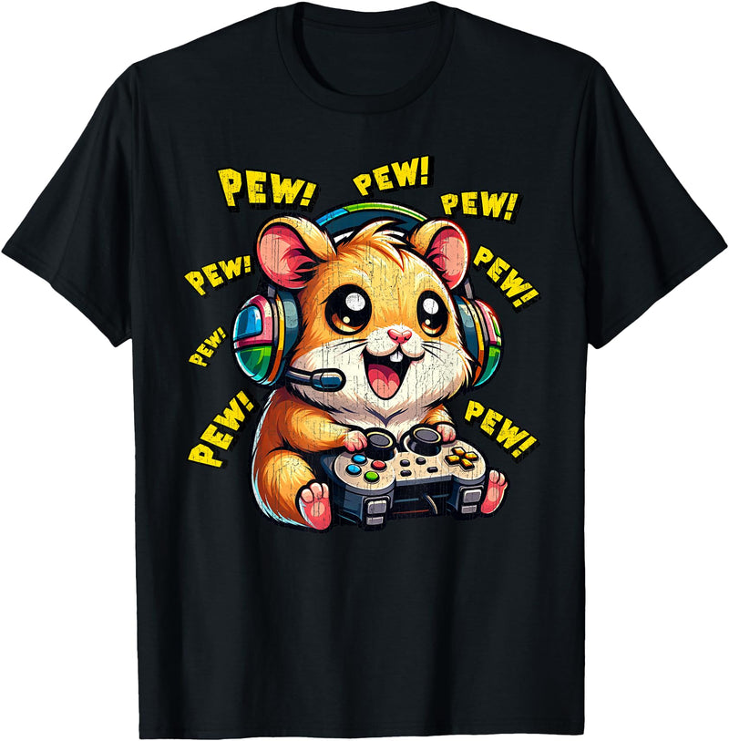 Hamster Gamer Pew Funny Video Games Vintage Boys Men Girls T-Shirt - Black