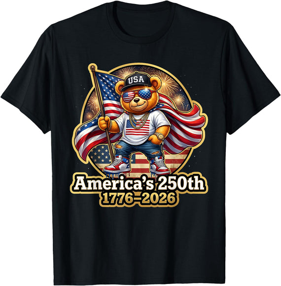 Stylish Teddy Bear America's 250th USA Flag Tees Stylish Teddy Bear America's 250th Anniversary 1776 2026 T-Shirt - Black