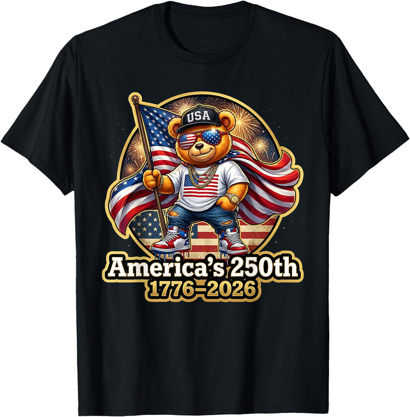 Stylish Teddy Bear America's 250th USA Flag Tees Stylish Teddy Bear America's 250th Anniversary 1776 2026 T-Shirt - Black