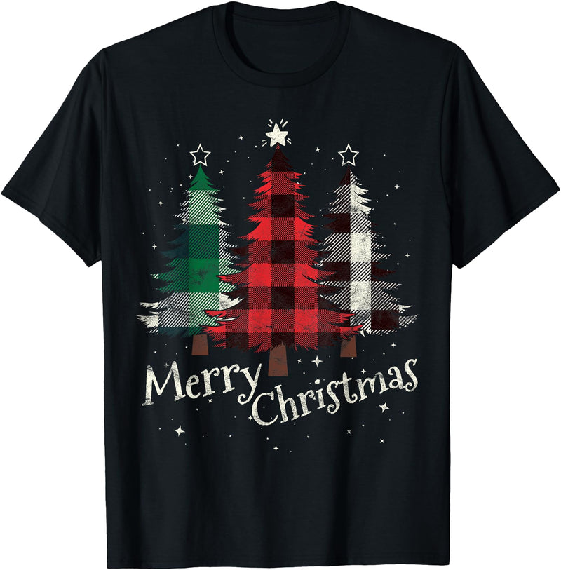 Merry Christmas Apparel Matching Family Clothes Merry Christmas Three Xmas Trees Buffalo Plaid Woman Gift T-Shirt - Black