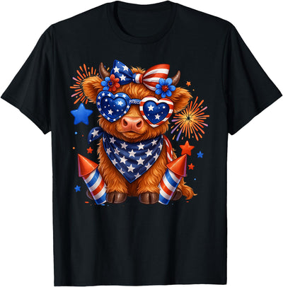 Patriotic Highland Cow T-Shirt - Vintage Americana Design