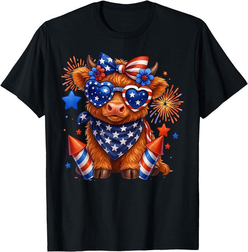 Cute Highland Cow 4th of July USA Flag Patriotic Cow Farmer T-Shirt - Black