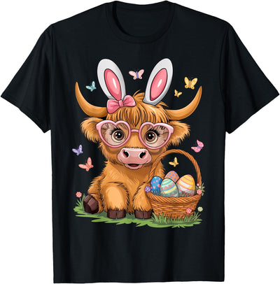 Bunny Highland Cow Easter Day Women Girls Cute Easter Bunny T-Shirt