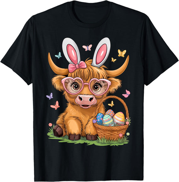 Bunny Highland Cow Easter Day Women Girls Easter Day Highland Cow Cute Easter Bunny Farmer Women Girls T-Shirt - Black