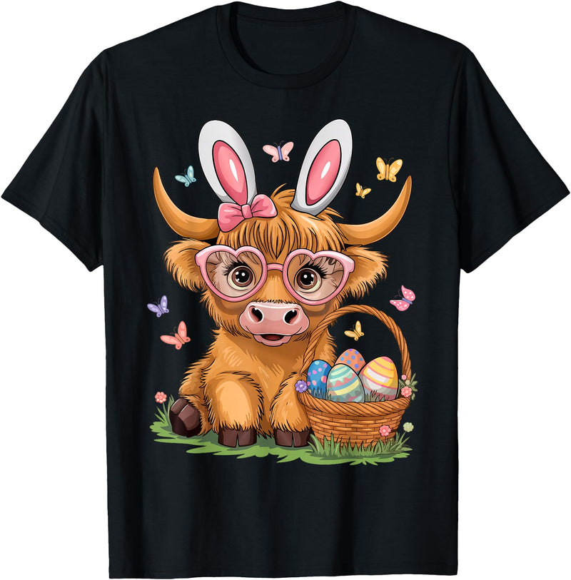 Bunny Highland Cow Easter Day Women Girls Easter Day Highland Cow Cute Easter Bunny Farmer Women Girls T-Shirt - Black