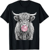 Bovine Bubbles Apparel Shaggy Highland Cow Blowing Bubble Gum Sketch T-Shirt - Black