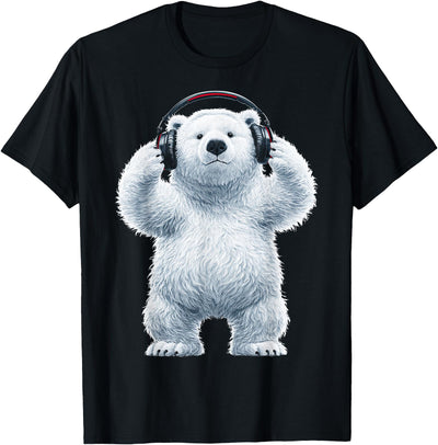 W1ldKreW Headphone Polar Bear Art Animal Print T-Shirt