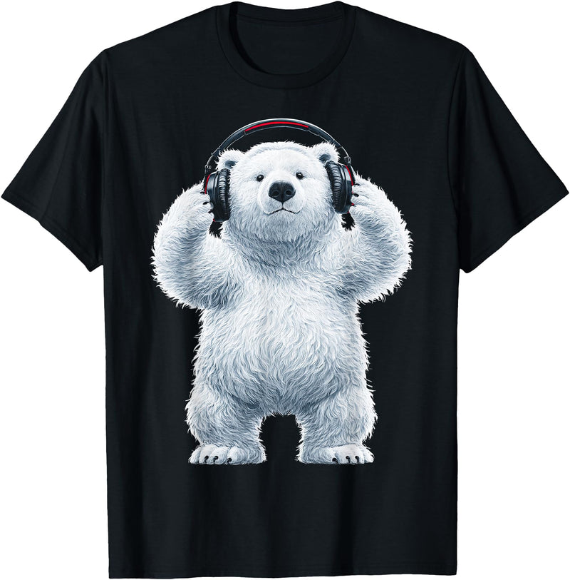 W1ldKreW Headphone Polar Bear Art Animal Print T-Shirt - As Pictured
