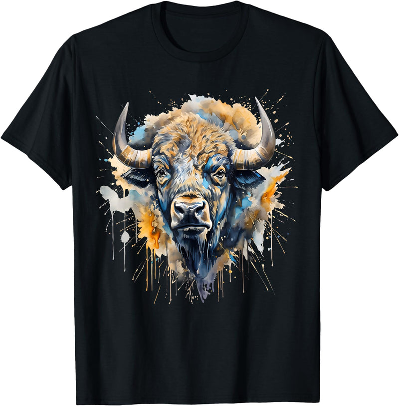 Safari Animal Art Buffalo Portrait Colorful Splash Artwork Wildlife Bison T-Shirt - Black