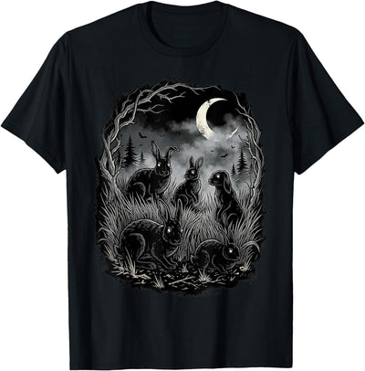 Midnight Woodland Rabbit Art Apparel Graphic Tees Creepy Black Rabbits Moonlit Forest Gothic Horror Halloween T-Shirt