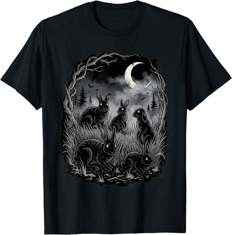 Midnight Woodland Rabbit Art Apparel Graphic Tees Creepy Black Rabbits Moonlit Forest Gothic Horror Halloween T-Shirt - Black