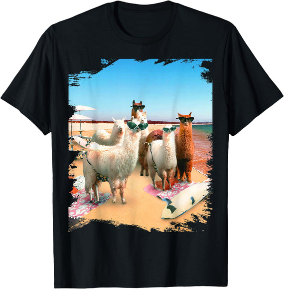 Random Galaxy Funny Llama Beach T-Shirt for Men Women Kids - Black