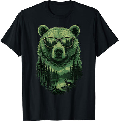 Bear Sunglasses Wildlife Deer Campfire Nature Vintage Forest T-Shirt