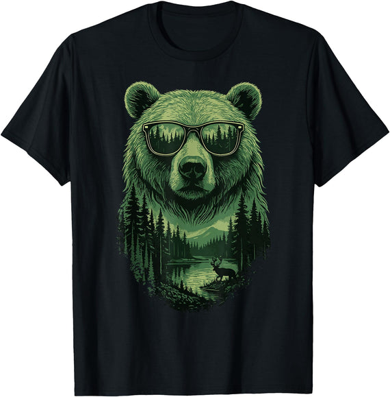 Bear Wildlife Deer Campfire Nature Apparel Bear Sunglasses Wildlife Deer Campfire Nature Vintage Forest T-Shirt - Black