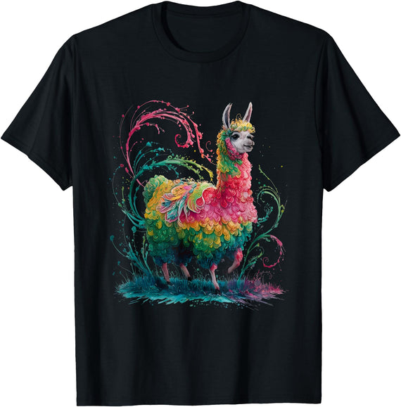 Colorful Watercolor Animal Designs Lama Men's Women's Colourful Watercolour Llama T-Shirt - Black