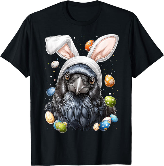 Crow Raven Easter Rabbit Eggs Bunny Ears T-Shirt in Black
