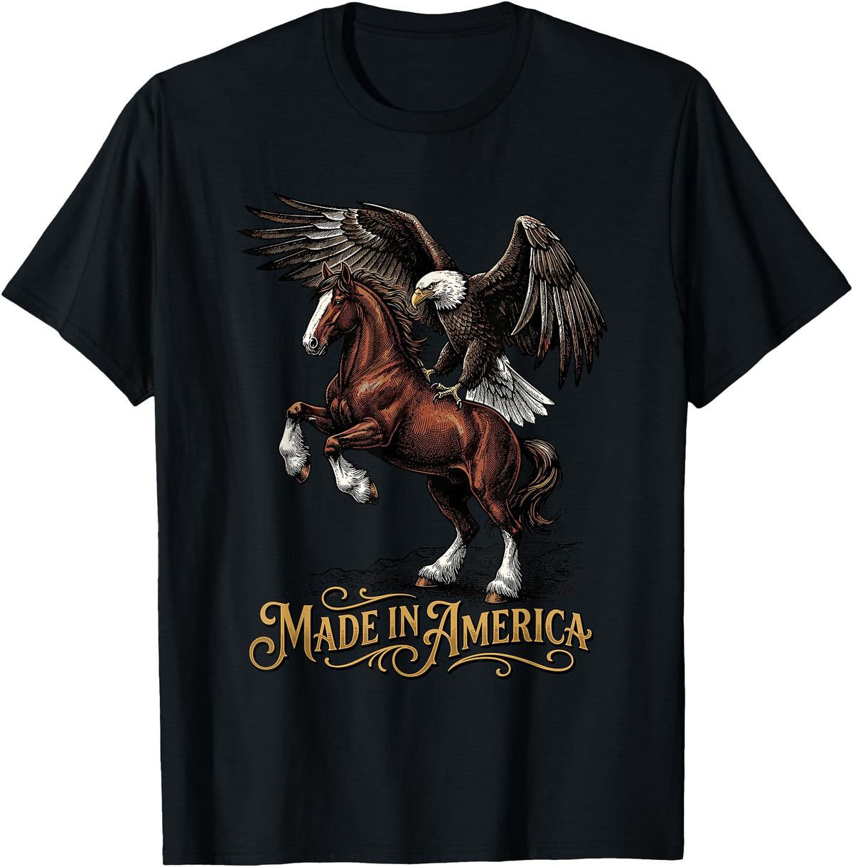 American Pride Horse Eagle Country Made in America Horse Eagle Patriotic Western T-Shirt - Black