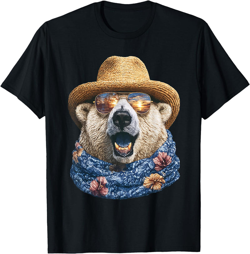 Whimsical Coastal Animals Beachgoers Cute Polar Bear with Sunglasses and Straw Hat Animal Summer T-Shirt - Black