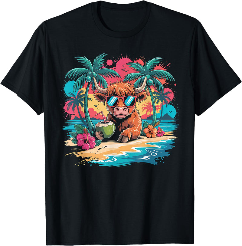 Summer Vibes Highland Cow Funny Beach Vacation Tee Tropical Highland Cow Summer Vibes Funny Beach T-Shirt - Black