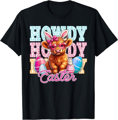 Howdy Easter Cute Highland Cow Bunny Ears Western Easter T-Shirt