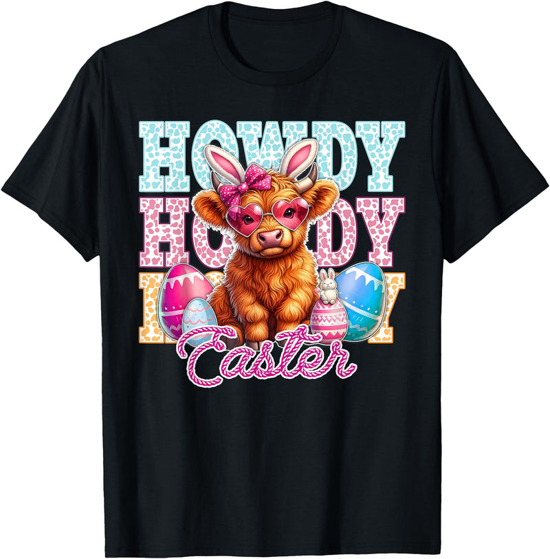 Highland Cow Easter Cute Western Farm Apparel Howdy Easter Cute Highland Cow Bunny Ears Western Easter T-Shirt - Black