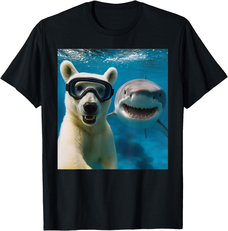 Selfie Polar Bear and Shark Summer Scuba Diving Funny Polar Bear Selfie with Shark Ocean Lovers T-Shirt - Black