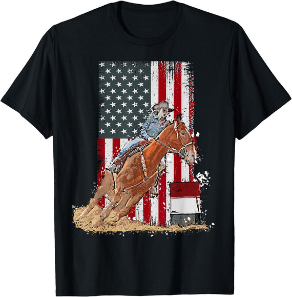 Funny horse barrel racing designs US Flag State Pride Barrel Racing Horse Rodeo Cowgirl T-Shirt - Black