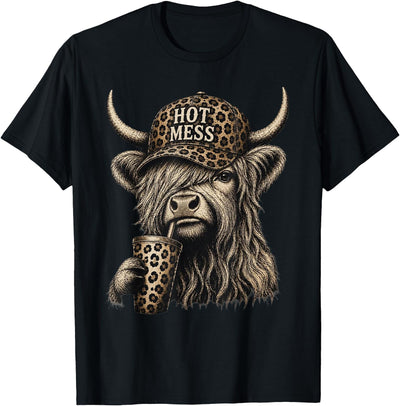 Hot Mess Highland Cow Leopard Print Hat Straw Cup T-Shirt