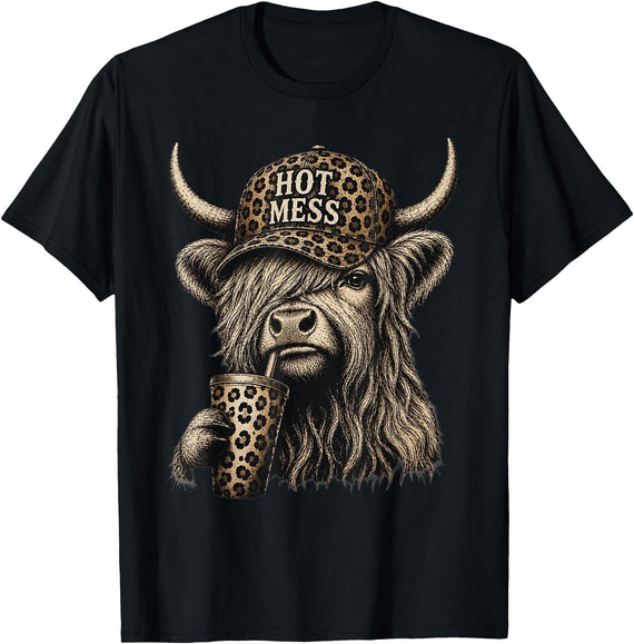 Retro Western Highland Cow Hot Mess Apparel Hot Mess Highland Cow Classic Leopard Print Hat Straw Cup T-Shirt - Black