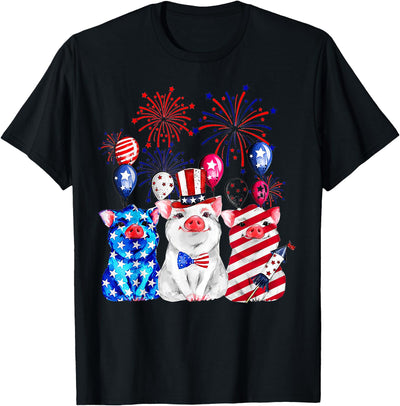 Fireworks American Flag Funny Pig Patriotic Farmer 4th July T-Shirt