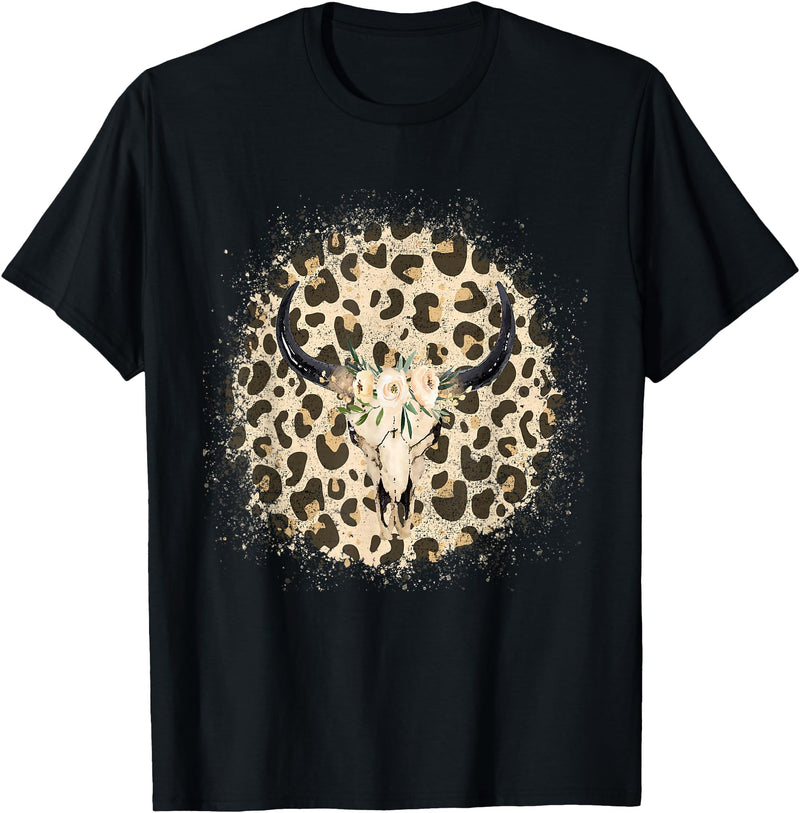 Funny Leopard Cow Skull designs Funny Leopard Cow Skull print Flower Rustic Turquoise T-Shirt - Black