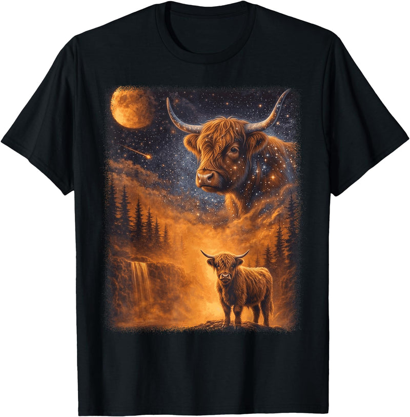 Highland Cow Lover Design For Men Women Kids Highland Cow Howling to The Moon Funny Meme 90s Animal Lover T-Shirt - Black