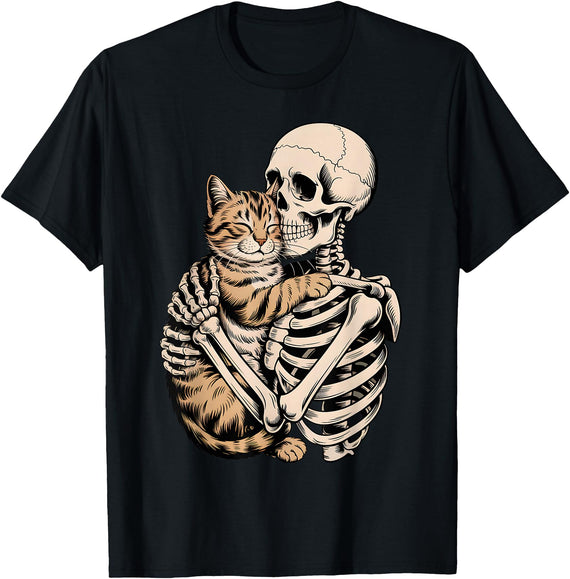 Halloween Skeleton Holding Cat Halloween Gift Idea Skeleton Hugging Cat Halloween Cat Lover Men Women Kids T-Shirt - Black