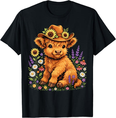 Floral Highland Cow Farm Animal Cute with Flowers and Cowboy T-Shirt