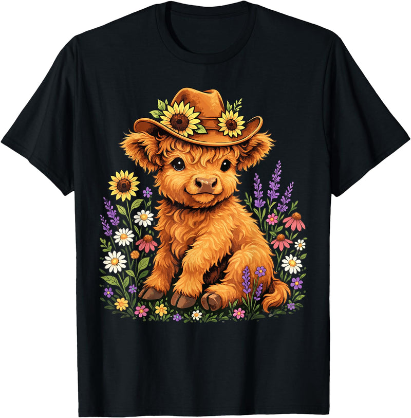 Floral Highland Cow Farm Animal Cute Highland Cow with Flowers and Cowboy Hat T-Shirt - Black