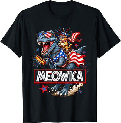 4th of July shirts for Men Women Kids Meowica Cat Dinosaur TRex 4th of July Patriotic Toddler Boys T-Shirt