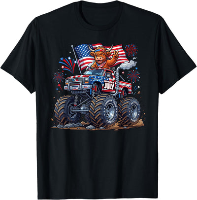 Women Monster Truck Cow Highland Usa Patriotic 4th of July T-Shirt