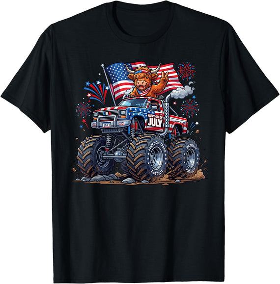 Patriotic 4th Of July Usa Shirt For Men Women Monster Truck Cow Highland USA Patriotic Shirt 4th of July T-Shirt - Black
