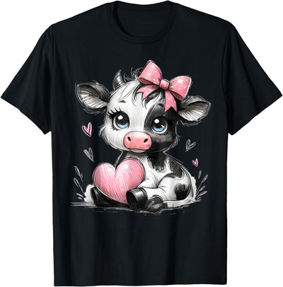 Cute Baby Cow with Pink Coquette Bow Holding Heart T-Shirt