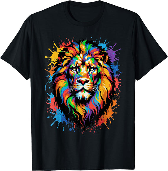 Colorful Lion Wildlife Lover Colorful Lion Face Paint Splash Art T-Shirt - Black