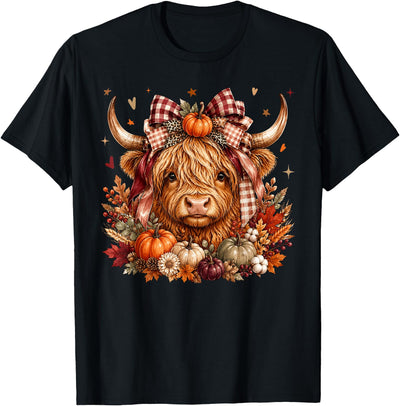 Highland Cow Pumpkin Coquette Bow Autumn Fall Cute Western T-Shirt