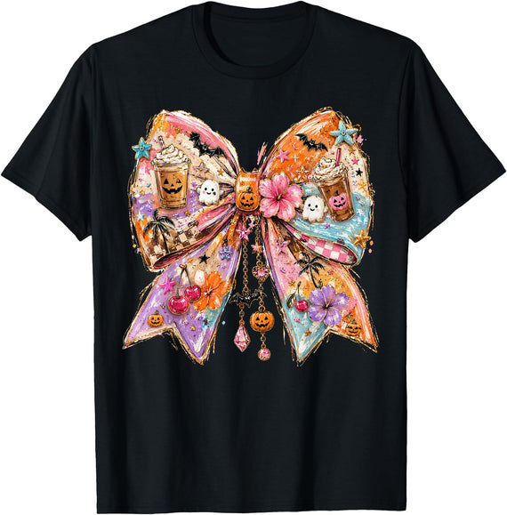 Summerween Tees NYC Summerween Bow Coquette Summer Halloween Ghosts Beach Coffee T-Shirt - Black