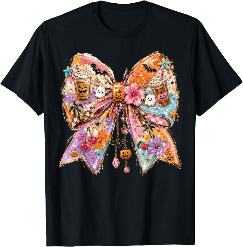 Summerween Tees NYC Summerween Bow Coquette Summer Halloween Ghosts Beach Coffee T-Shirt - Black