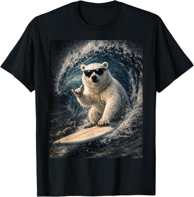 White Bear Surfing Waves Funny Animal Apparel Funny Polar Bear Surfer Catching Waves | Shaka Funny Animal T-Shirt