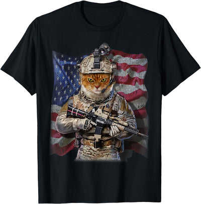 Fox Republic Design USA America Patriot Tabby Cat as Army Commando T-Shirt