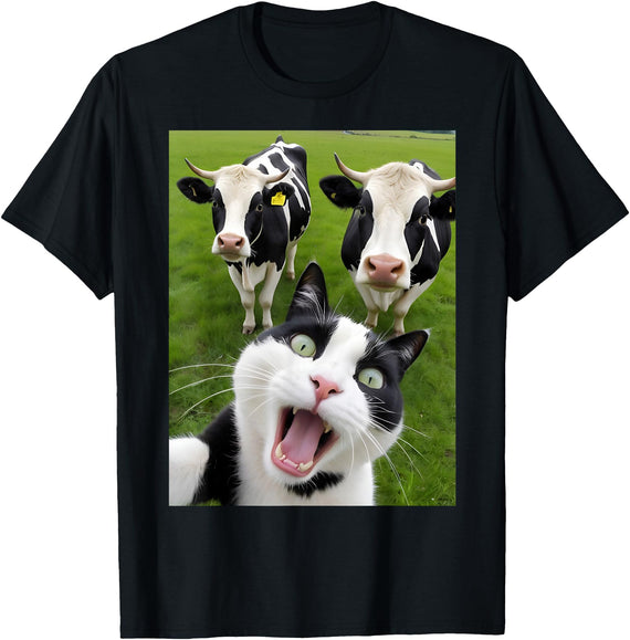 deep impression Funny Black and White Cat Cow Selfie T-Shirt - Black